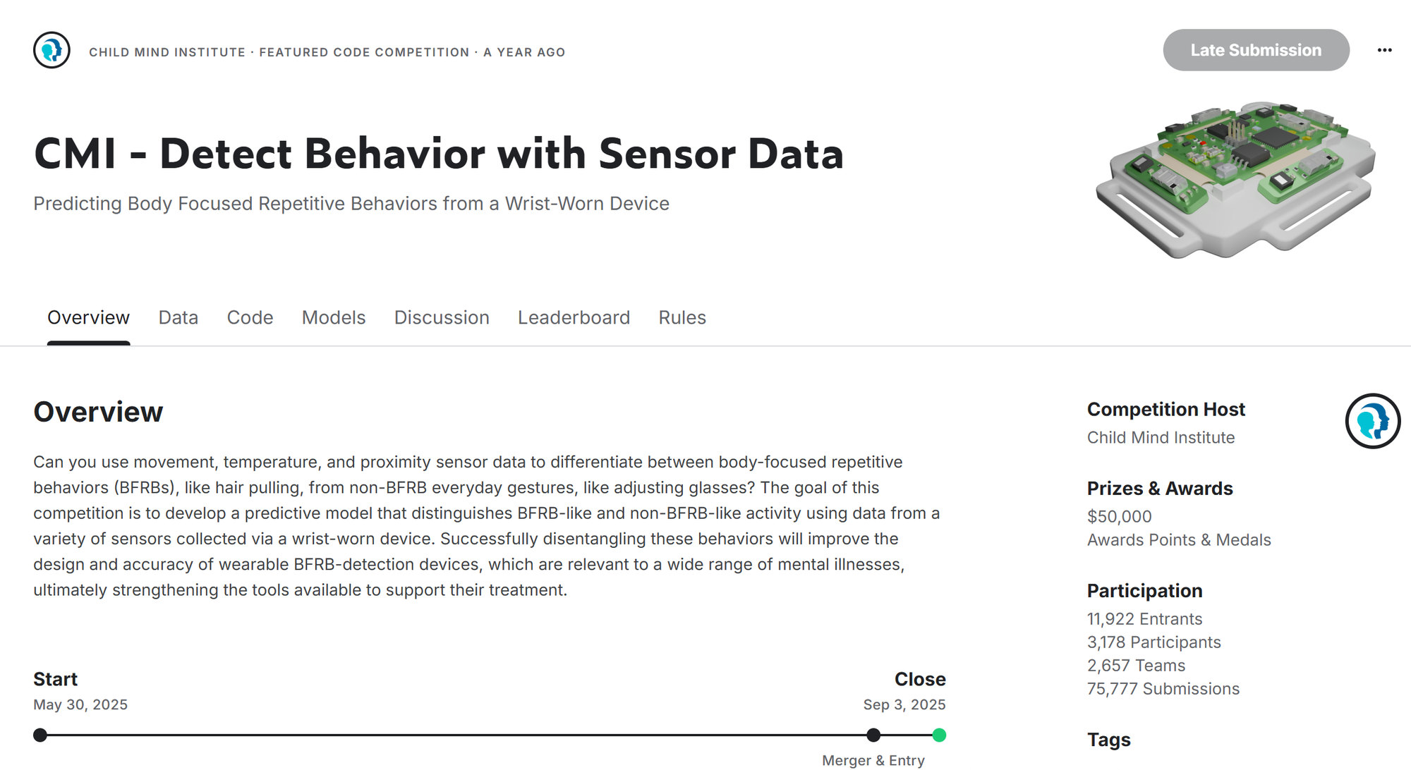 Kaggle overview page for CMI Detect Behavior with Sensor Data