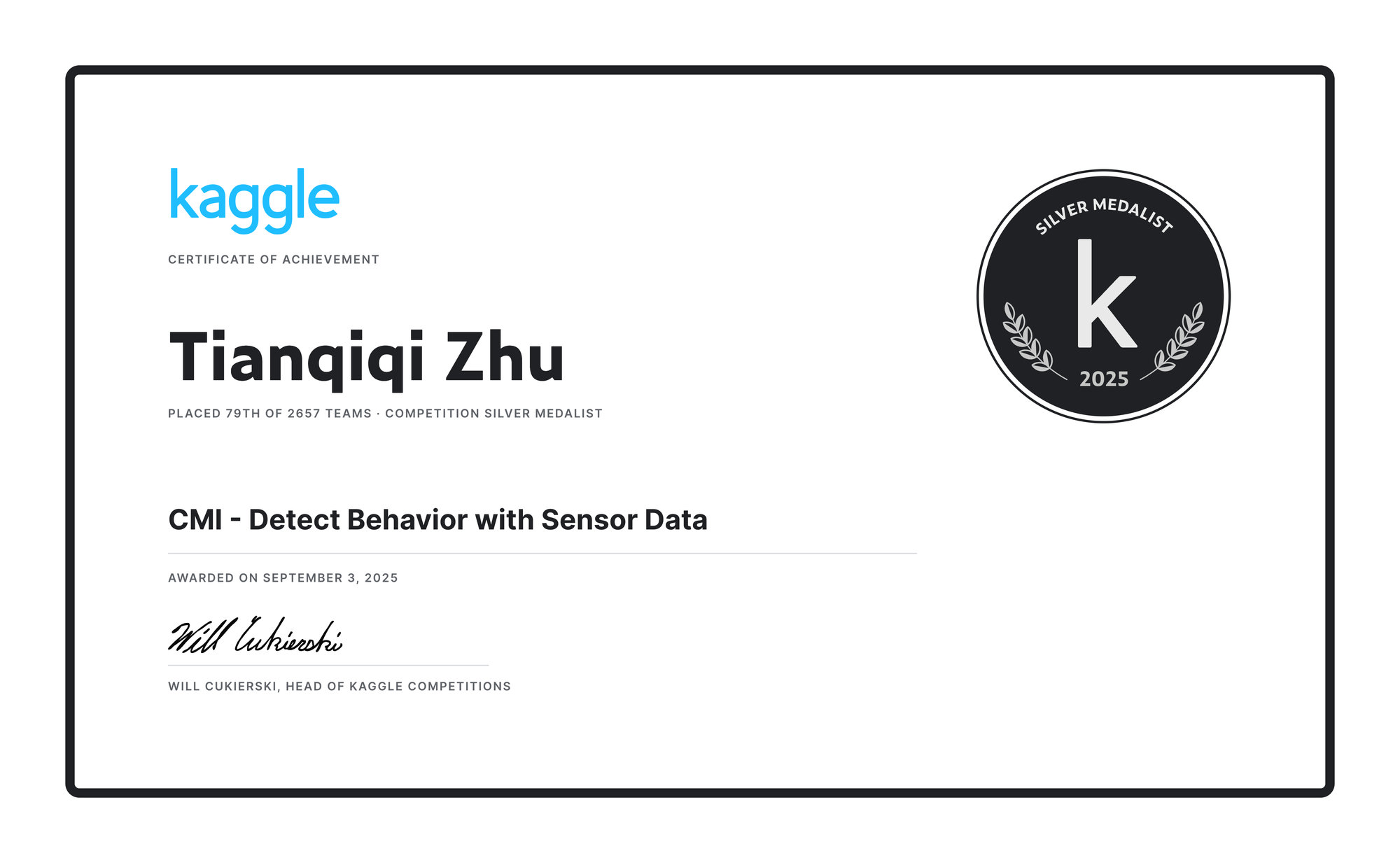 Kaggle silver medal certificate for Tianqiqi Zhu, 79th of 2657 teams