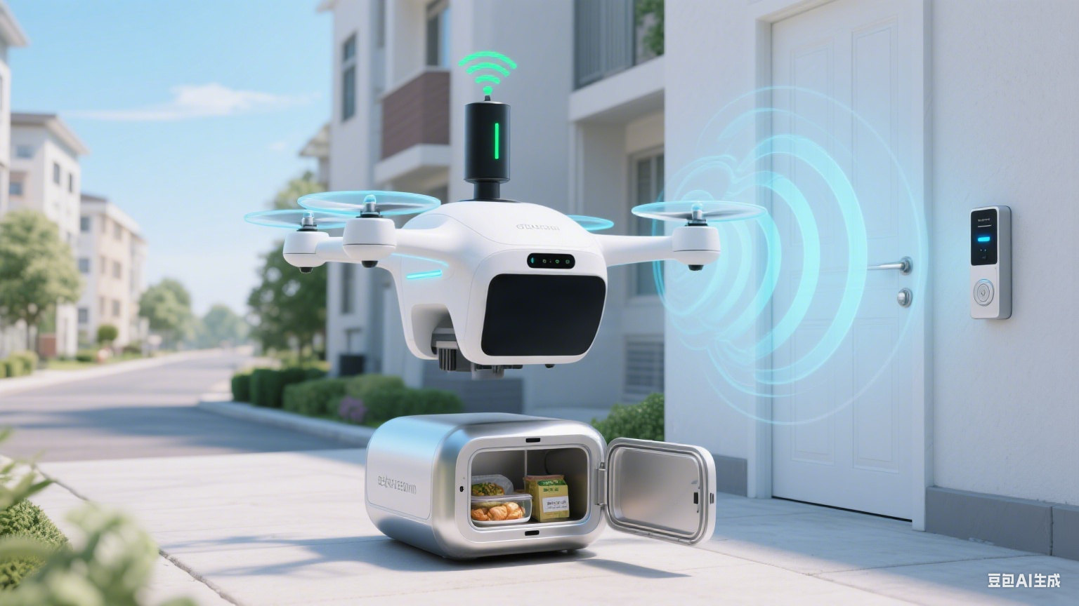Concept of a delivery drone lowering a cooled cargo box at a doorway