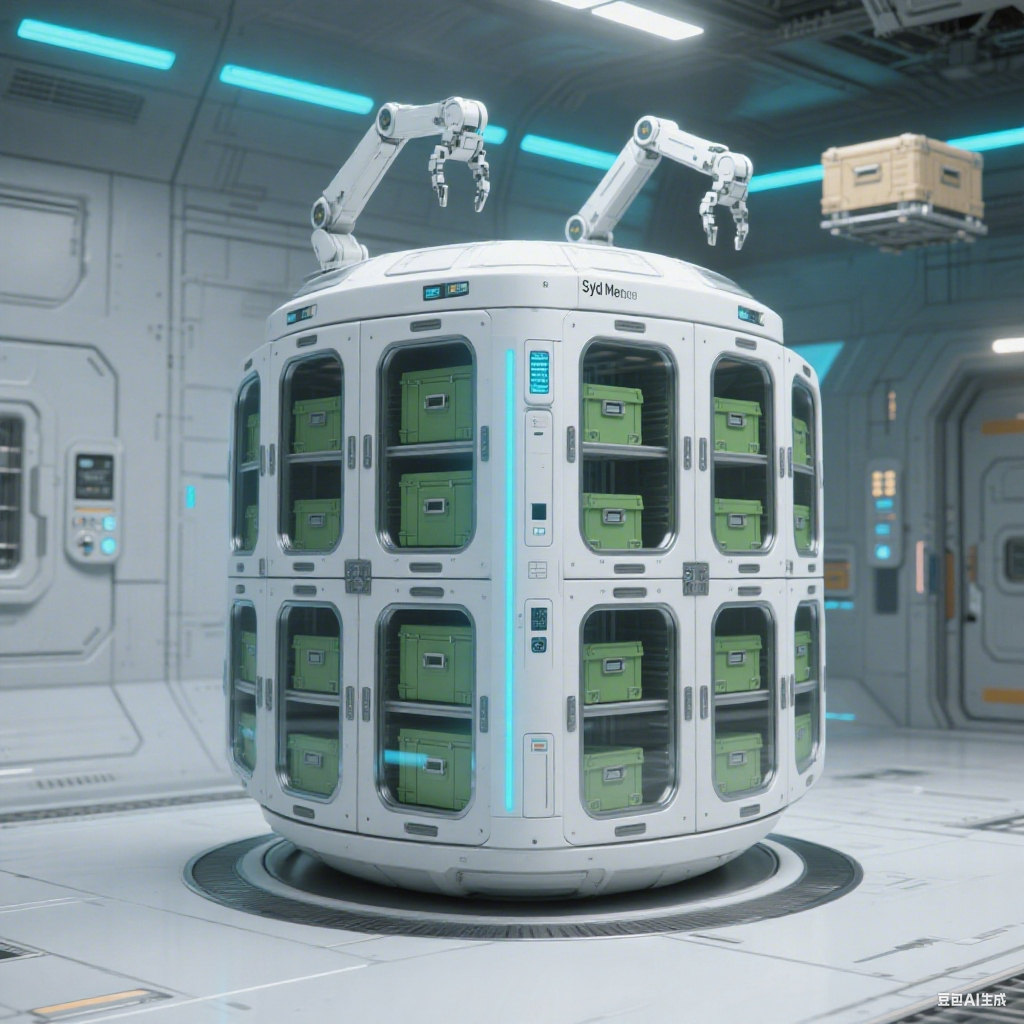 Cylindrical orbital storage module with robotic arms and cargo lockers