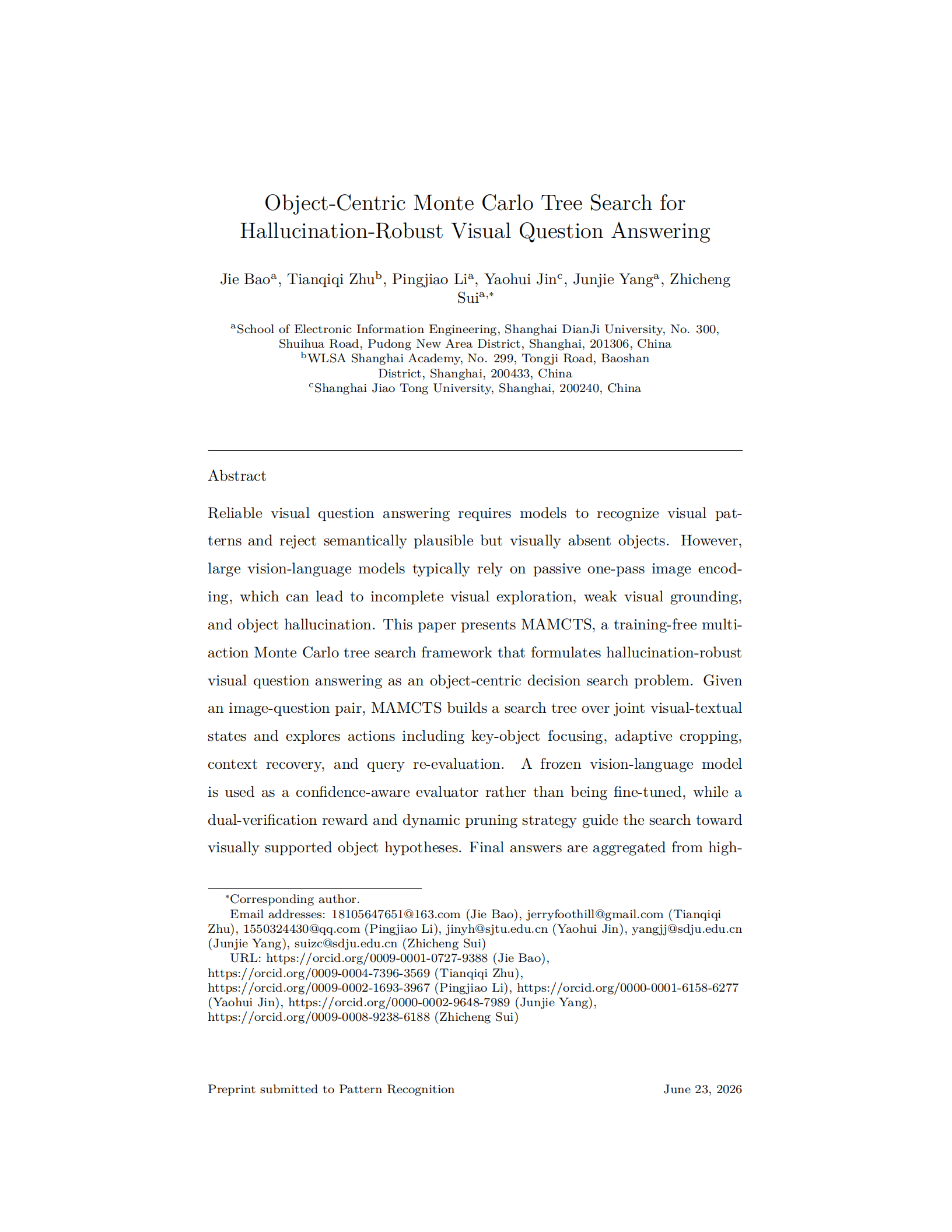 First page of the MAMCTS visual question answering paper, listing Tianqiqi Zhu of WLSA Shanghai Academy