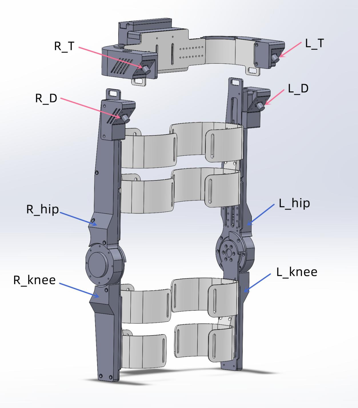 CAD drawing of a lower-body exoskeleton with hip and knee labels